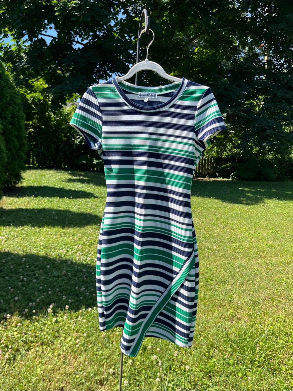 Almost Famous Navy, White & Green Ribbed Stripe Short Sleeve Top